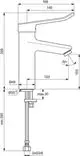 Waschbeckenarmatur von Ideal Standard mit Bügelgriff und flexibler Wasserzufuhr. Technische Skizze zeigt Maße und Verbindungselemente für die Installation.